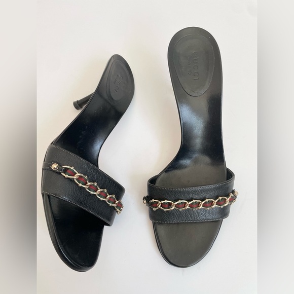Gucci Black Leather Capri Kittle heel mules with web and chain link details 8.5 - Picture 2 of 12